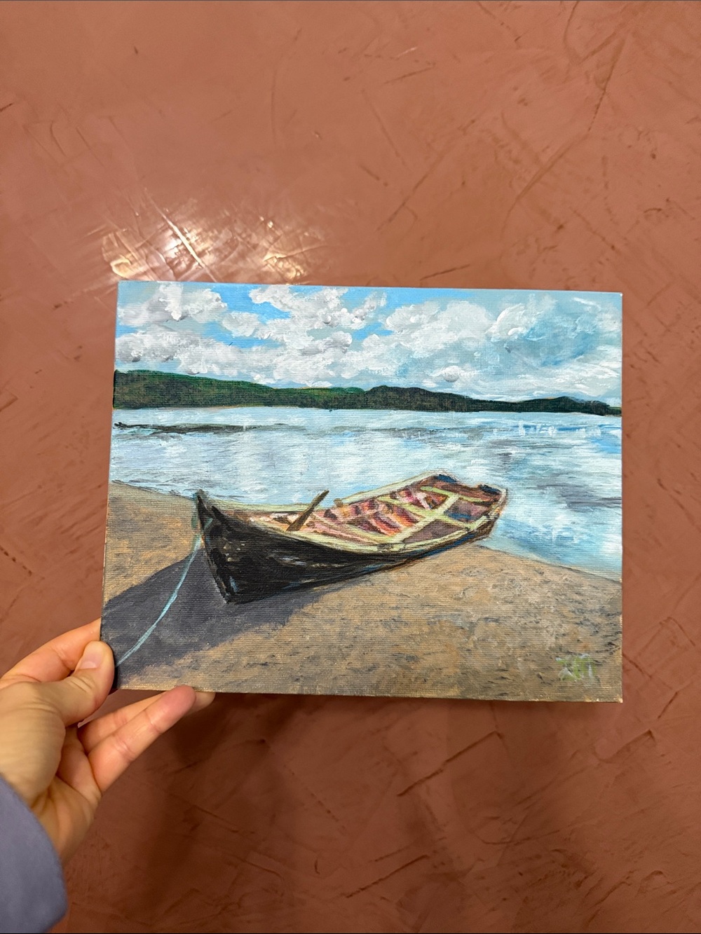 Hand-Painted Seaside Boat Canvas Art - Blue, Brown